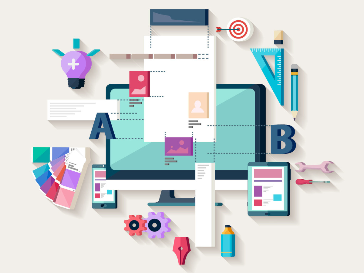 A stylized representation of web design, showing a monitor, smartphone, and tablet with many different tools to represent everything that goes into making a website