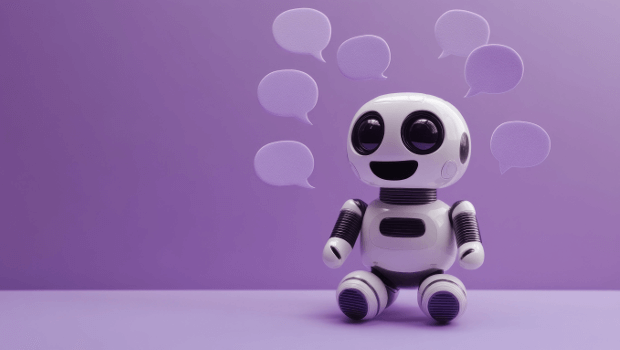 A cute white robot surrounded by purple speech bubbles on an isolated, purple background