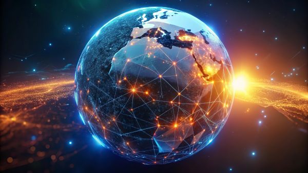 A glowing Earth with interconnected lines represents global communication, set against a vibrant, cosmic background with a sunrise on the horizon.