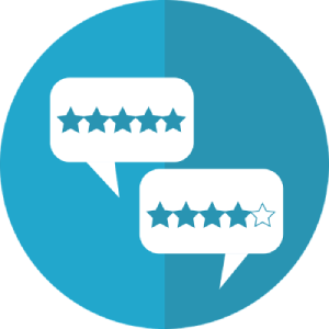 Circle with quote bubble with 5 stars and quote bubble with 4 stars