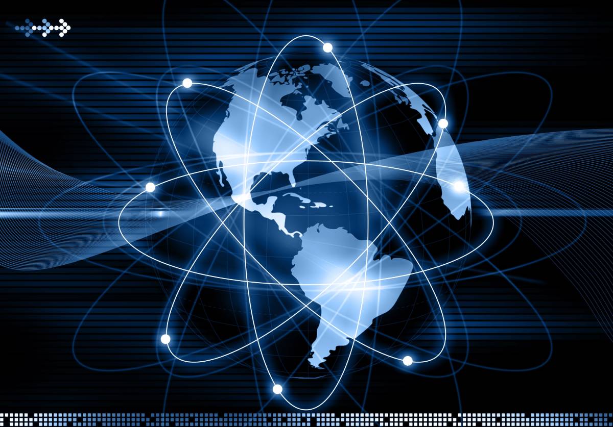 A digital depiction of Earth as an atom and with electrons encircling Earth