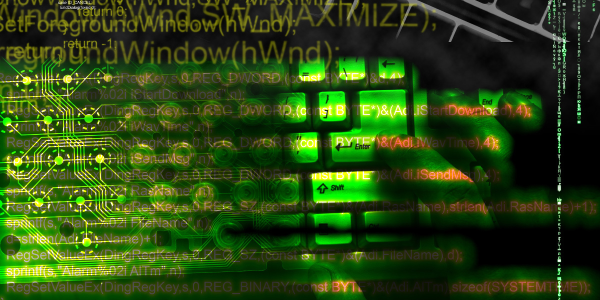 Green tinged keyboard with programming code and Matrix-style symbol drops