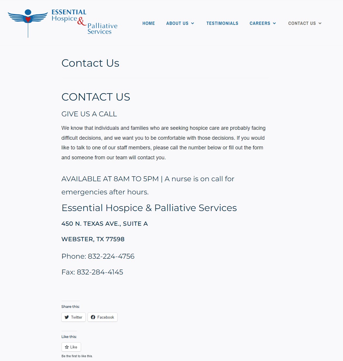 Essential Hospice websites' old contact page