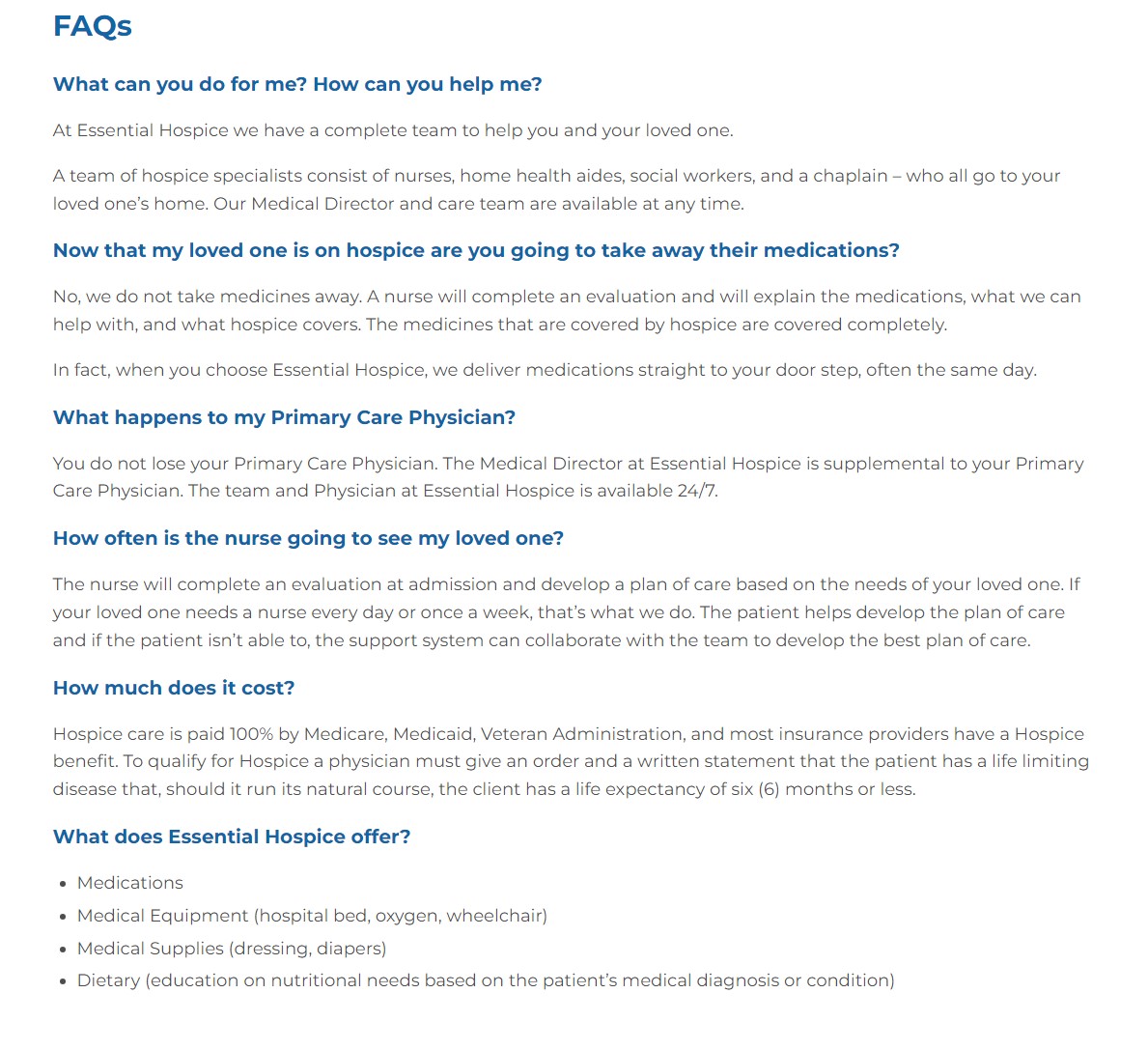 Essential Hospice websites' new FAQ page