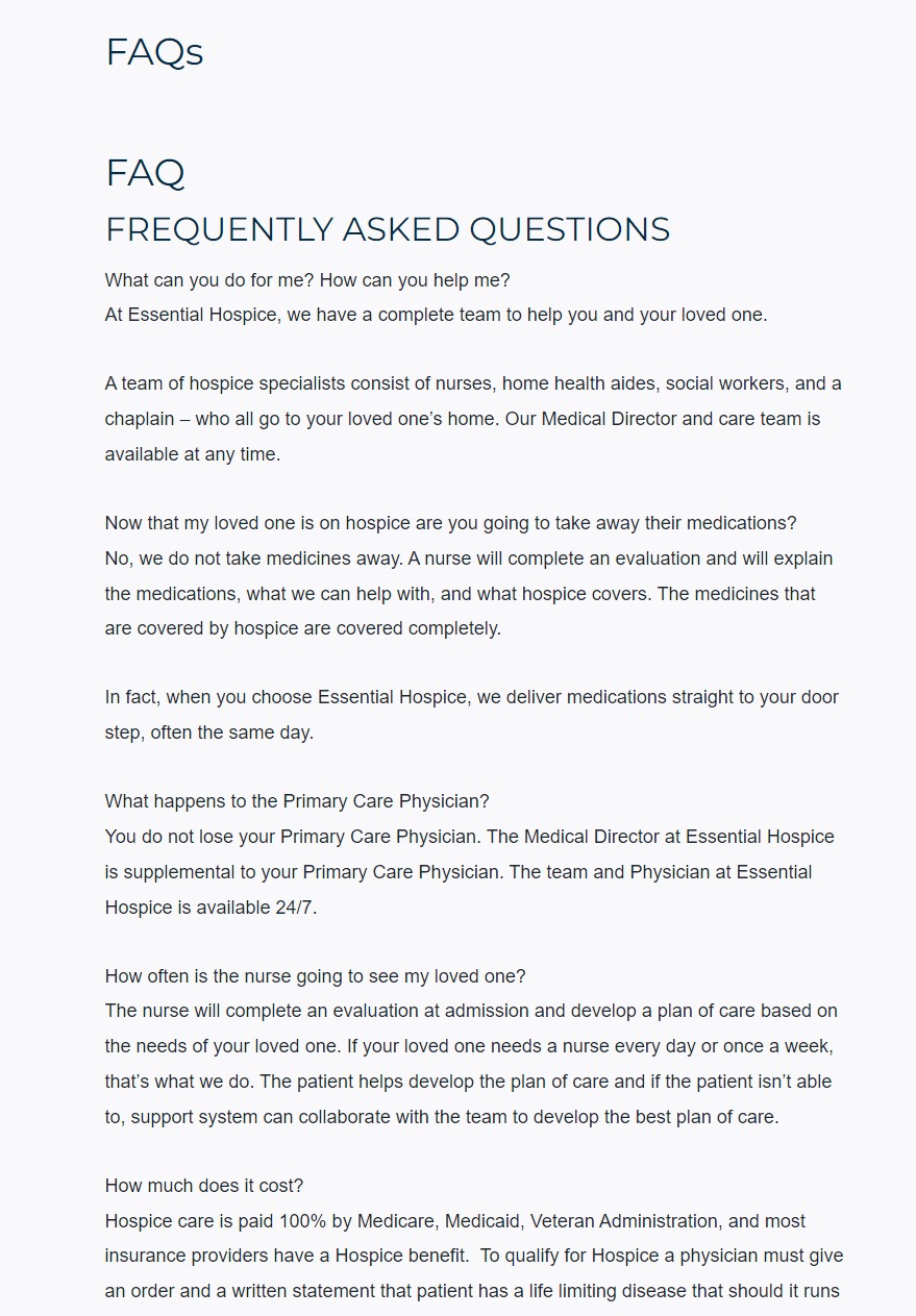 Essential Hospice websites' old FAQ page