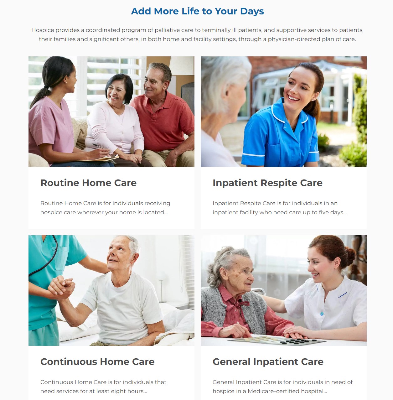 Second half of Essential Hospice's homepage