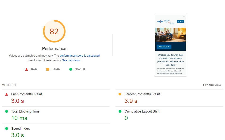 Essential Hospice websites' old mobile score of 82