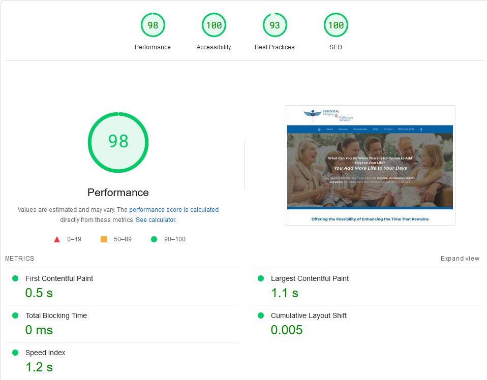 Essential Hospice websites' new speed score of 98