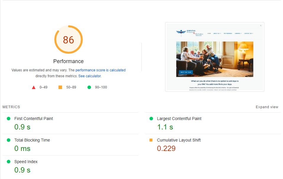  Essential Hospice websites' old speed score of 86