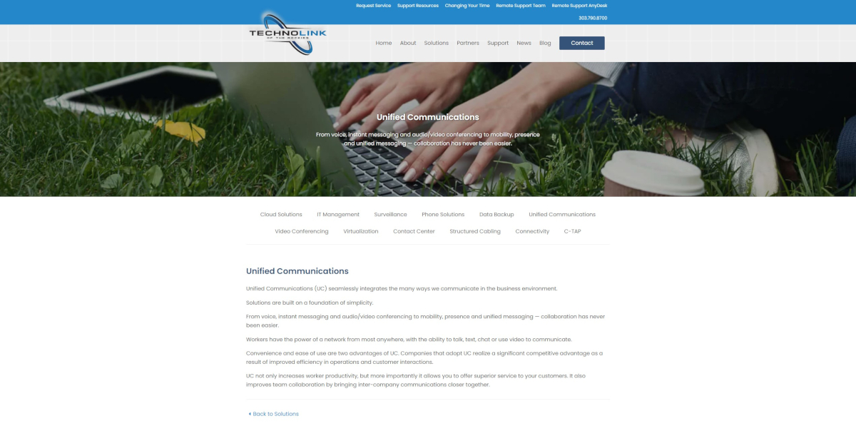 Technolink Unified communications pages, showcasing the sub nav and back to solutions link.