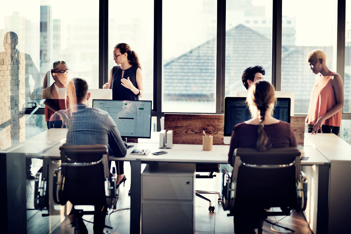 Team of Six Working in a Modern Open Concept Office with Shared Desk Space